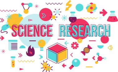 Bilim araştırma vektörü bayrağı. Laboratuvar malzemeleri şişesi ve kimyasal ve biyoloji deneyleri için büyüteç. Analiz için bilim adamı test tüpü düz çizim