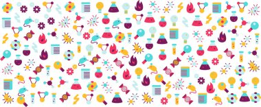 Bilim araştırma vektörü bayrağı. Laboratuvar malzemeleri şişesi ve kimyasal ve biyoloji deneyleri için büyüteç. Analiz için bilim adamı test tüpü düz çizim