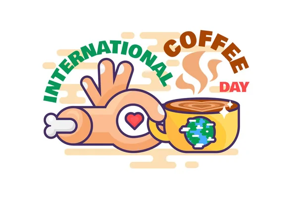 Día Internacional Del Café Vector Celebración Mundial Taza Mano Con — Vector de stock