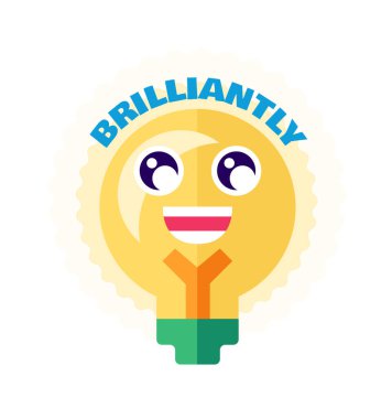 Ampul ödül etiketi vektörünü zekice konuştur. Güzel gözleri olan ve gülümseyen mutlu ampul elektrikli aletler. Başarılı eğitim veya mükemmel ev ödevi düz çizgi film çizimi ödülü