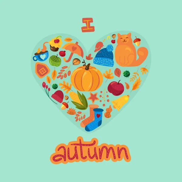 Herbstlicher Cartoon Schriftzug Mit Herbst Symbolen Auf Weiß Ich Liebe — Stockvektor
