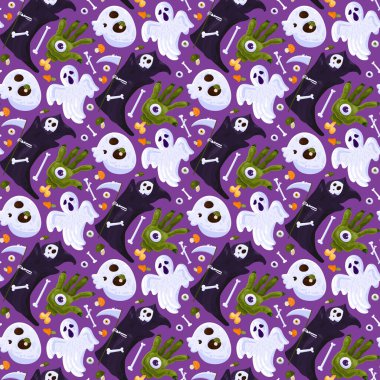 Cadılar Bayramı 'nda ölüm bayramı kusursuz model vektörü. Korkunç hayalet ve gözü, iskelet kemiği ve kafatası olan ürkütücü el tırpan, göz küresi ve mantarlı ölüm meleği. Düz çizgi film çizimi