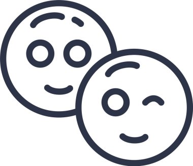 Gülümse ve mutlu ifade vektörü göz kırp. Mutluluk dolu güzel gülücükler. Neşeli komik yüz ifadeleri ekşiten tek renkli düz çizgi film çizimleri