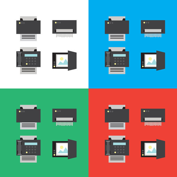 Print, scanner, fax and shredder flat icons or illustrations in 