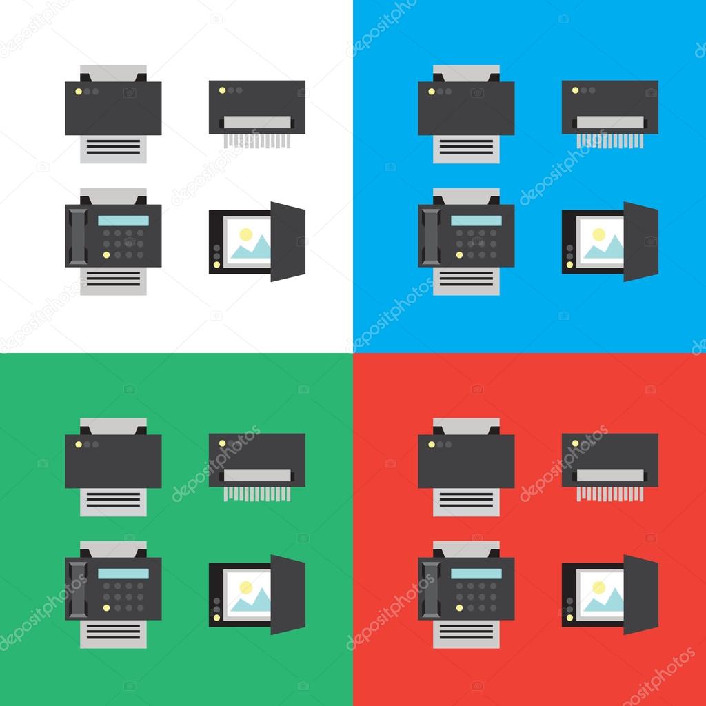 Print, scanner, fax and shredder flat icons or illustrations in 