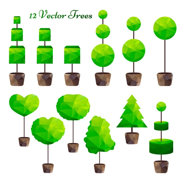 12 녹색 다각형 나무의 세트 — 스톡 벡터