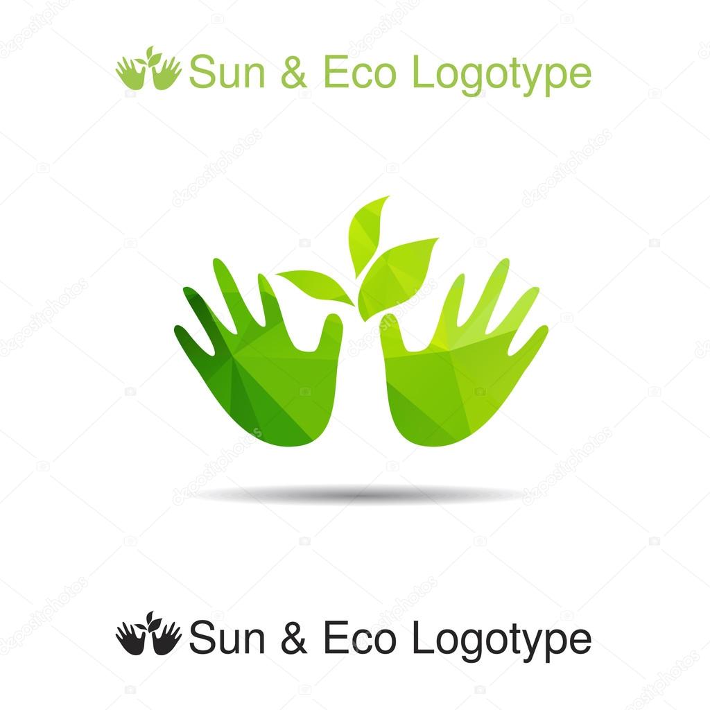 Ecology logotype with hands and green leaves