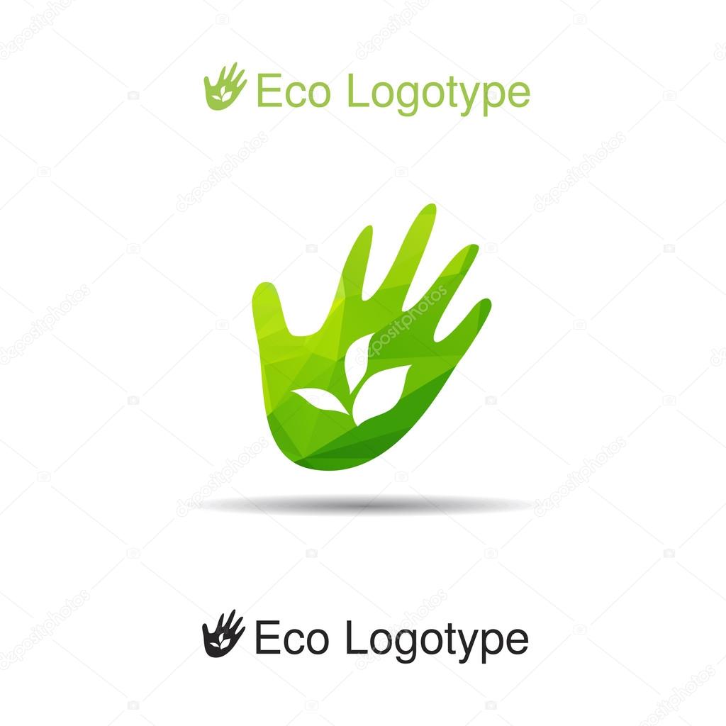 Ecology logotype with hands and green leaves