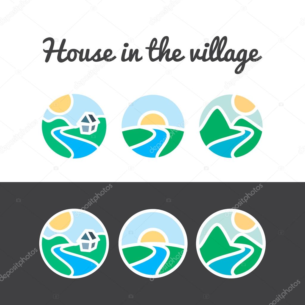 Vector set of nature icons from sun, hills, river, mountains, tree and home