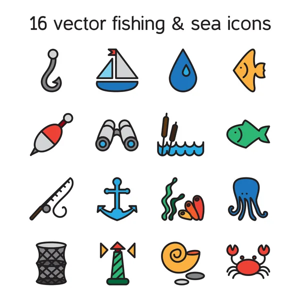Conjunto de ícones marinhos e de pesca isolados —  Vetores de Stock