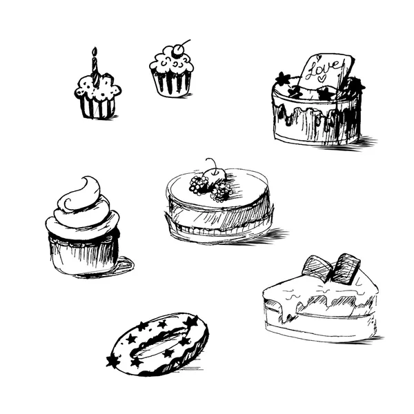 Иллюстрация тортов по эскизу, наклейке на пекарню — стоковый вектор