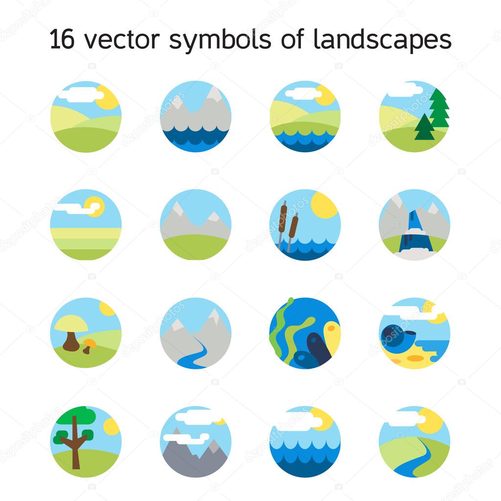 Landscape icons collection.  Nature symdols and paysages in round form. Vector