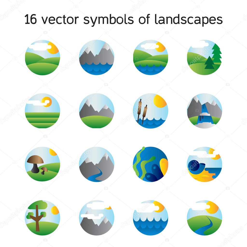 Landscape icons collection.  Nature symdols and paysages in round form. Vector