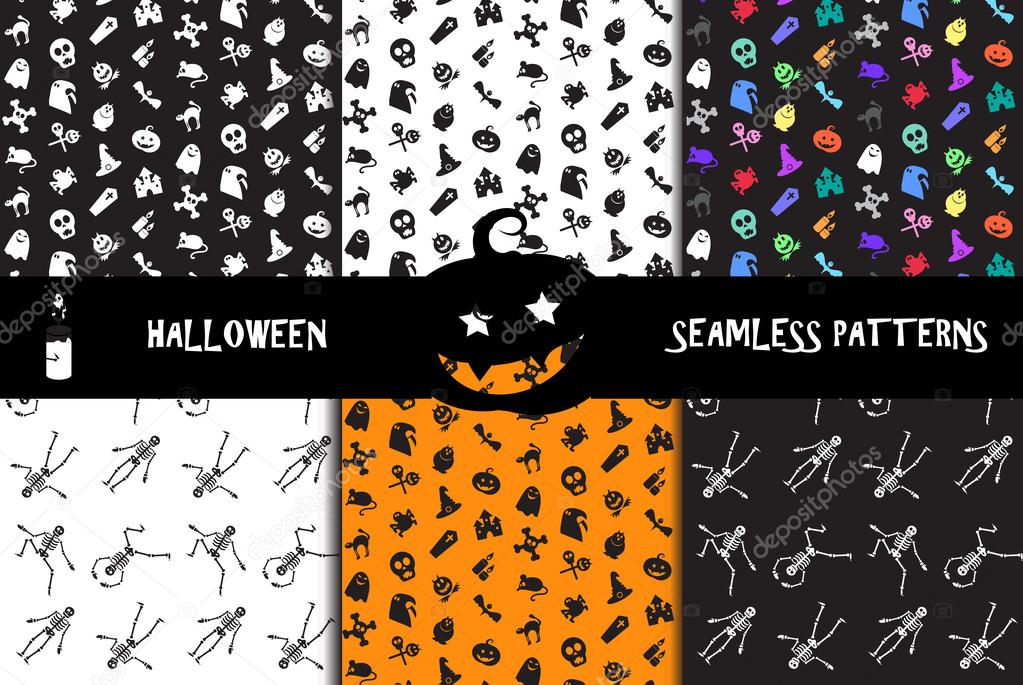 Halloween icons seamless patterns set