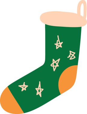 Sıcak renkli el yapımı Noel, kış ve yeni yıl bayramı sembolü. Yıldızlı yeşil çorap