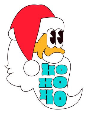 Noel Baba ve Ho Ho mesajı. 2000 yılbaşı çıkartması ya da eski tarz hediye kartı. Beyaz arkaplanda çizgi film Y2K retro etiketi