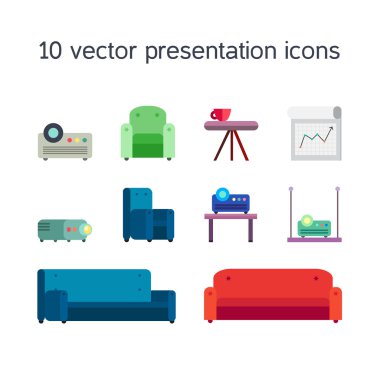 Presentation icons with projector and comfortable seats clipart