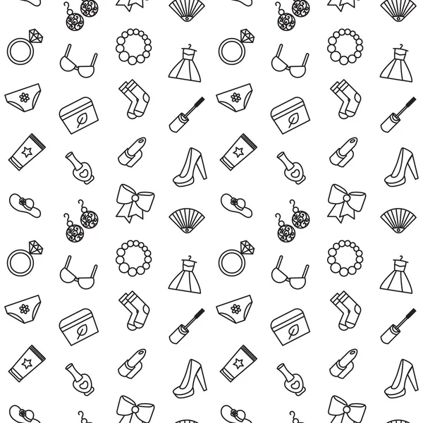 Woman accessories seamless pattern of cosmetics, clothes — Stock Vector