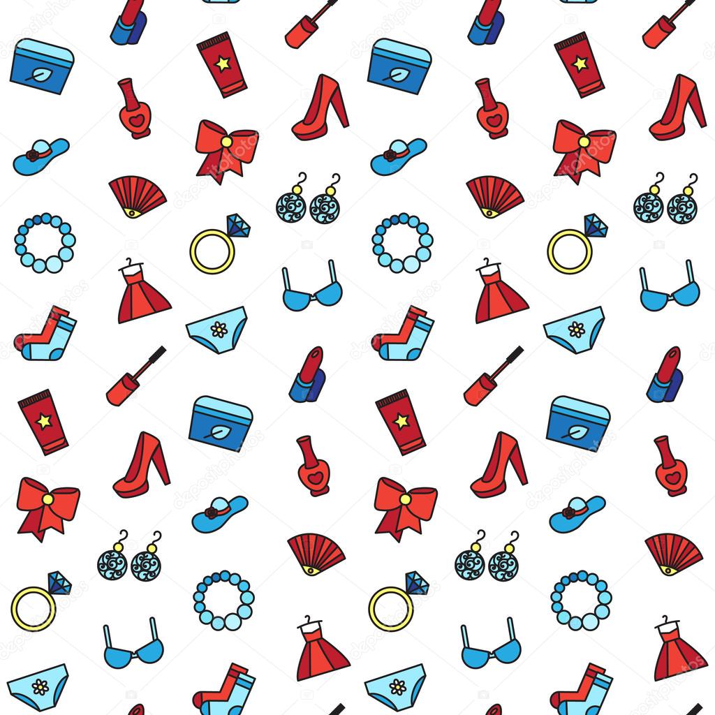 Woman accessories seamless pattern of cosmetics, clothes