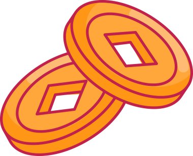 Geleneksel Sarı Çin İki Sikkesi. Düz Stil Çizimler. Ay Çin Yeni Yıl Elementi