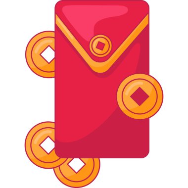 Parlak Kırmızı Geleneksel Çin Zarfı, Bozuk Paralar Düz Çizimler. Ay Çin Yeni Yıl Elementi