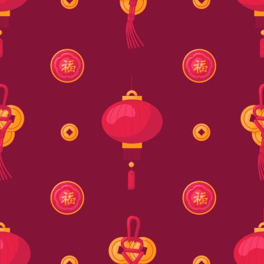 Kırmızı ve Sarı Geleneksel Çin Modeli. Düz Fenerler, madalyonlar ve madeni paralar. Ay Çin Yeni Yılı