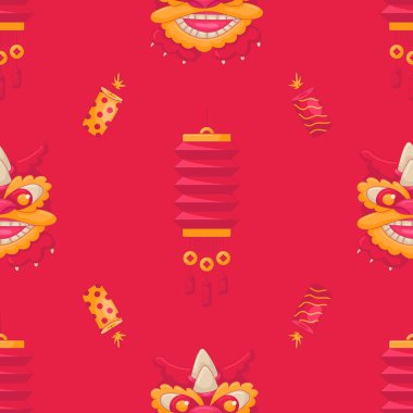 Kırmızı ve Sarı Geleneksel Asya Örnekleri. Düz Fenerler, Havai fişekler ve Ejderha Kafaları. Ay Çin Yeni Yılı