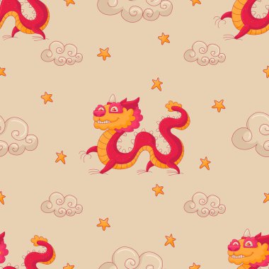 Kırmızı ve Sarı Geleneksel Asya Örnekleri. Düz Bulutlar, Yıldızlar ve Ejderha. Ay Çin Yeni Yılı