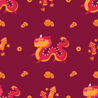 Kırmızı ve Sarı Geleneksel Asya Örnekleri. Düz Ejder, Havai fişekler ve Bozukluklar. Ay Çin Yeni Yılı