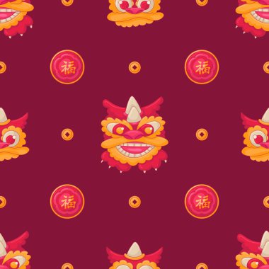 Kırmızı ve Sarı Geleneksel Asya Örnekleri. Düz stil hiyeroglif yama, havai fişekler ve ejderha kafaları. Ay Çin Yeni Yılı