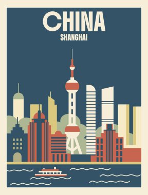 Çin 'in geçmişe yolculuk posteri. Minimalist düz stil