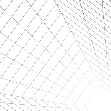 Dalgalı duvarları olan koridor uzaklaşıyor. İnce çizgilerin enerjik şebeke yapısı hareket ediyor. Basit siyah ve beyaz dinamik vektör arkaplanı