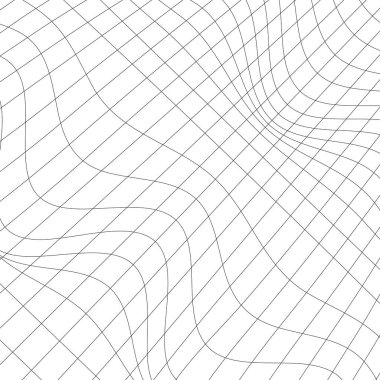 Dalgalar yüzeyi parçaladı. İnce çizgilerin enerjik şebeke yapısı hareket ediyor. Basit siyah ve beyaz dinamik vektör arkaplanı