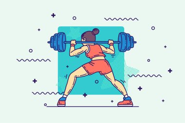 Çizgi film ana hatlı fitness kadın karakteri. Spor ve sağlık illüstrasyonu