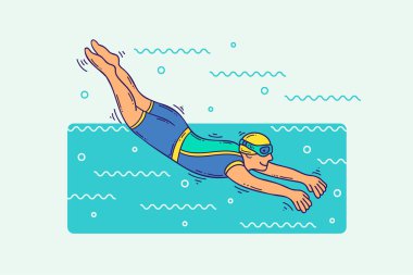 Çizgi film ana hatlarıyla yüzen adam karakteri. Spor ve sağlık illüstrasyonu