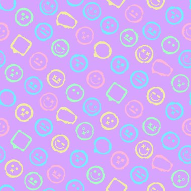 Soyut şekiller, karalamalar, karalamalar, geometrik elementler, dalgalar, emoji, gülümsemeler ve organik dokular içeren renksiz grunge deseni