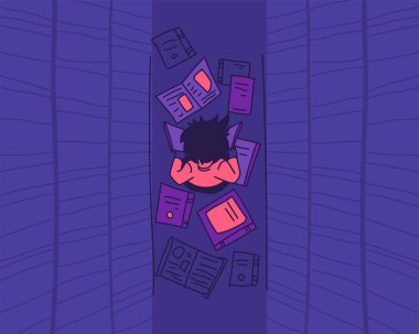 Yerdeki Kitapçı Çocuk 'u okuyorum. Kütüphane Okuma Odası Çizgi Filmi Violet İllüstrasyonu