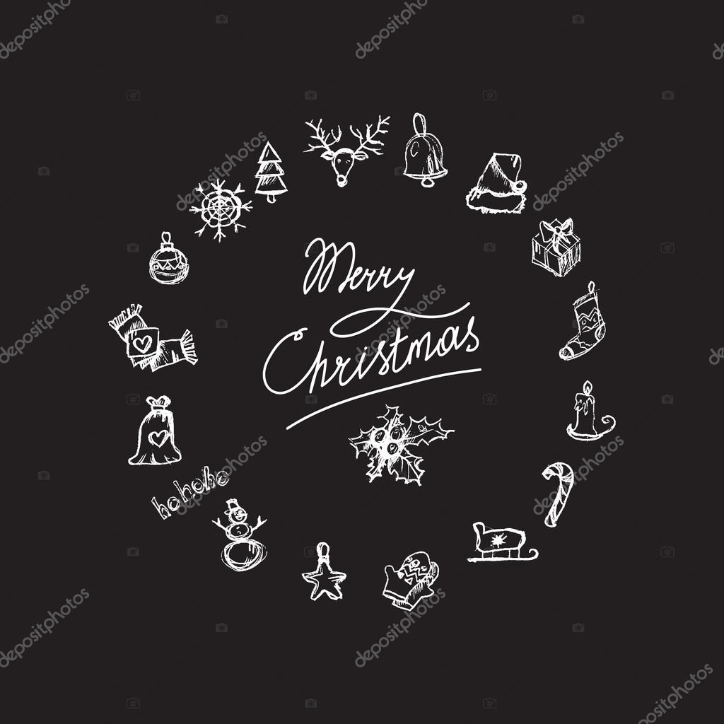 Merry Christmas icons in view wreath. Happy new year symbols. Winter holiday signs. Vector
