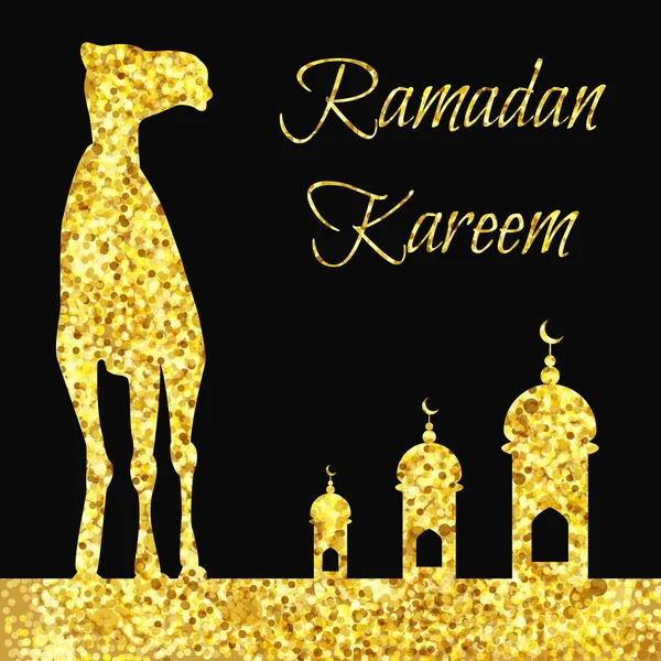 Saludo del Ramadán en oro con camello — Vector de stock