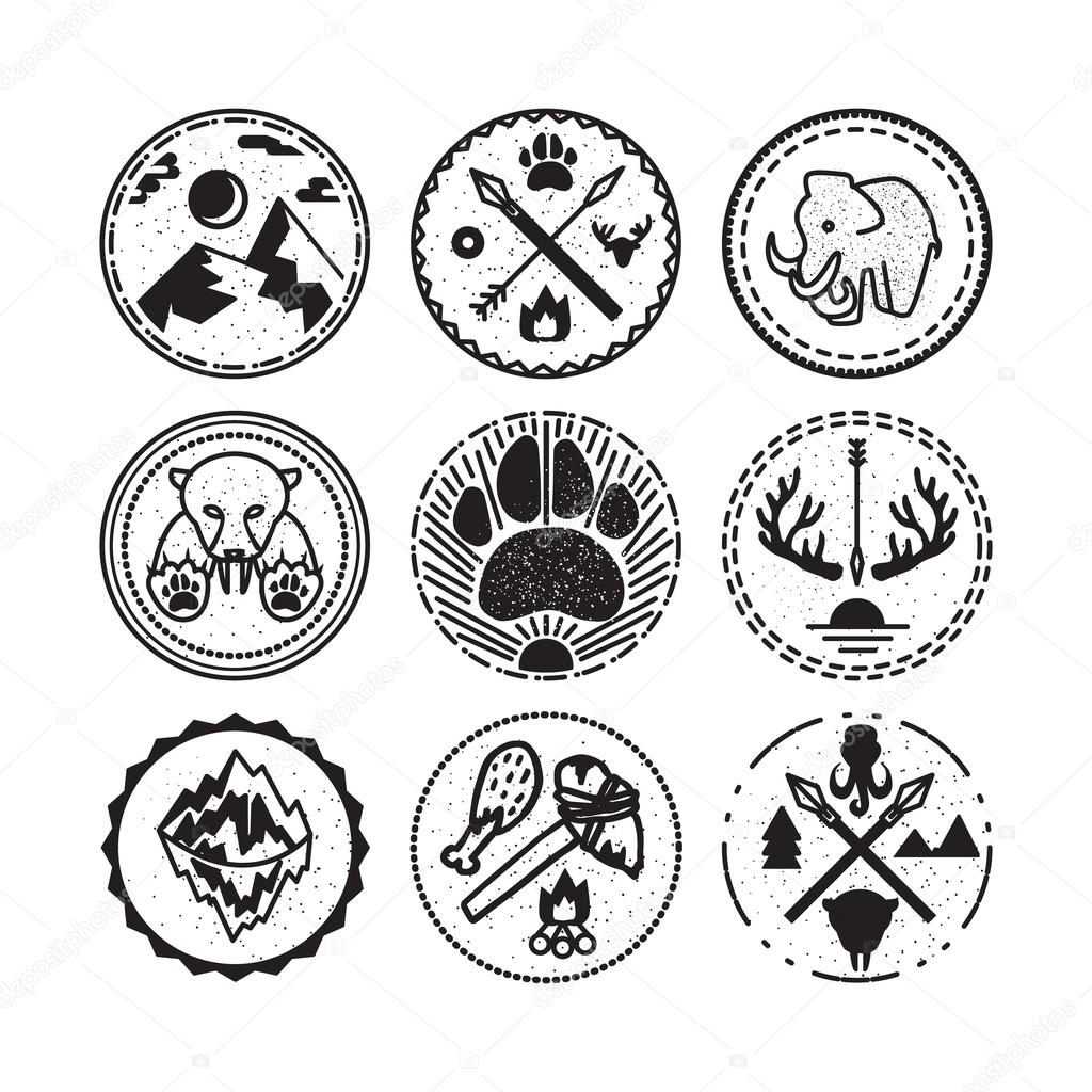 Nature and historical badges set with tiger, mountain, sun, mammoth and antique guns. Expedition and geological research sticker. Ice age. Vector