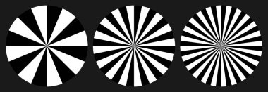 Siyah-beyaz girdap ve radyal girdap desenleri içeren üç düzenlenebilir vektör şablonu. Basit çizgiden karmaşık soyut bileşimlere zahmetsizce ölçeklendirir.