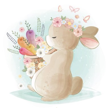 Havuç Sepeti Taşıyan Şirin Tavşan 'ın çizgi film çizimi