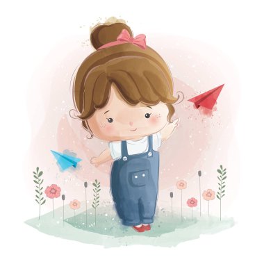 Çizgi film vektör illüstrasyonu Küçük Tatlı Kız Uçak Kağıdıyla Oynuyor