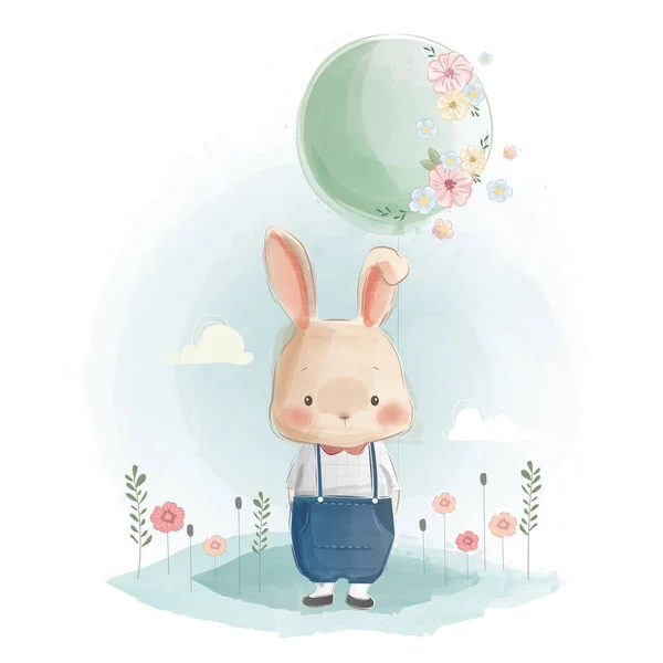 Cartoon Vektor Illustration Von Cute Bunny Holding Balloon — Stockvektor