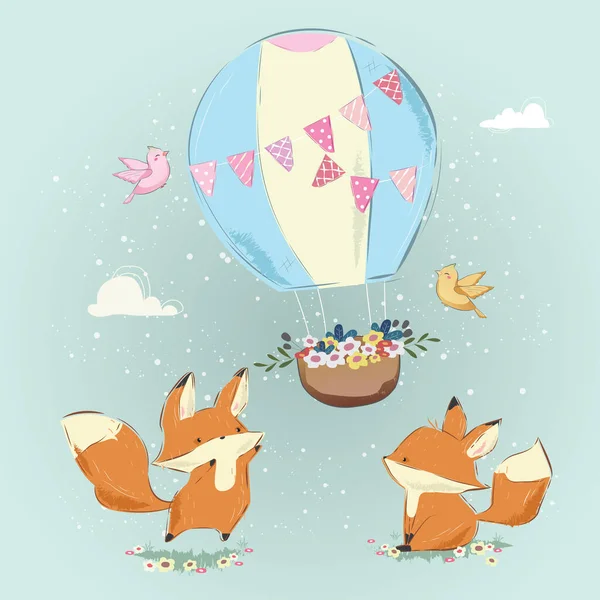 漫画のベクトルイラストかわいい狐と遊ぶと気球 — ストックベクタ