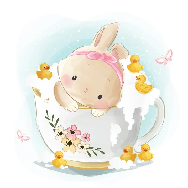 Teacup中可爱兔子的卡通矢量图 — 图库矢量图片
