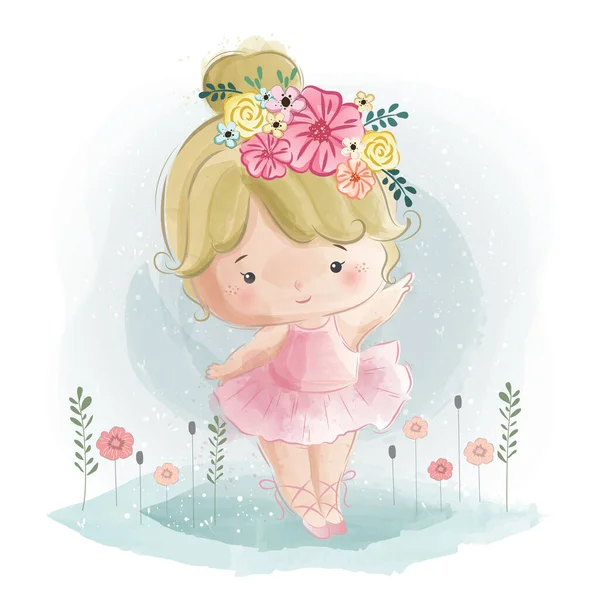Desenho Animado Ilustração Vetorial Little Ballerina Girl Dancing —  Vetores de Stock