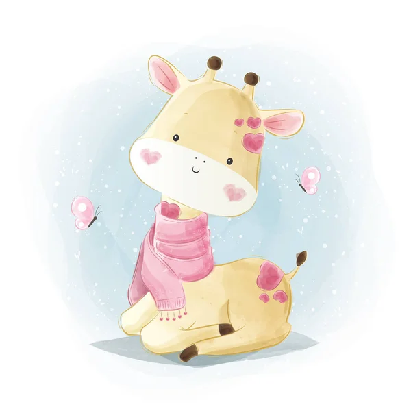 可爱的长颈鹿宝宝戴着粉色围巾的卡通图形 — 图库矢量图片