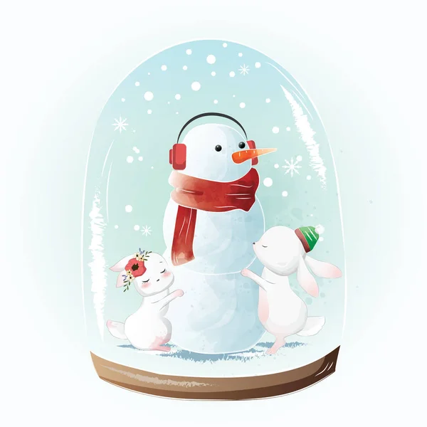 Illustration Vectorielle Dessin Animé Lapins Mignons Étreignant Bonhomme Neige — Image vectorielle