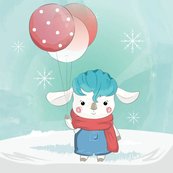 冬季带气球小羊的病媒卡通画 — 图库矢量图片